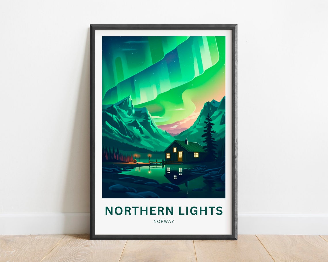 Northern Lights Norway Aurora Lake Cabin Night Sky Art Poster
