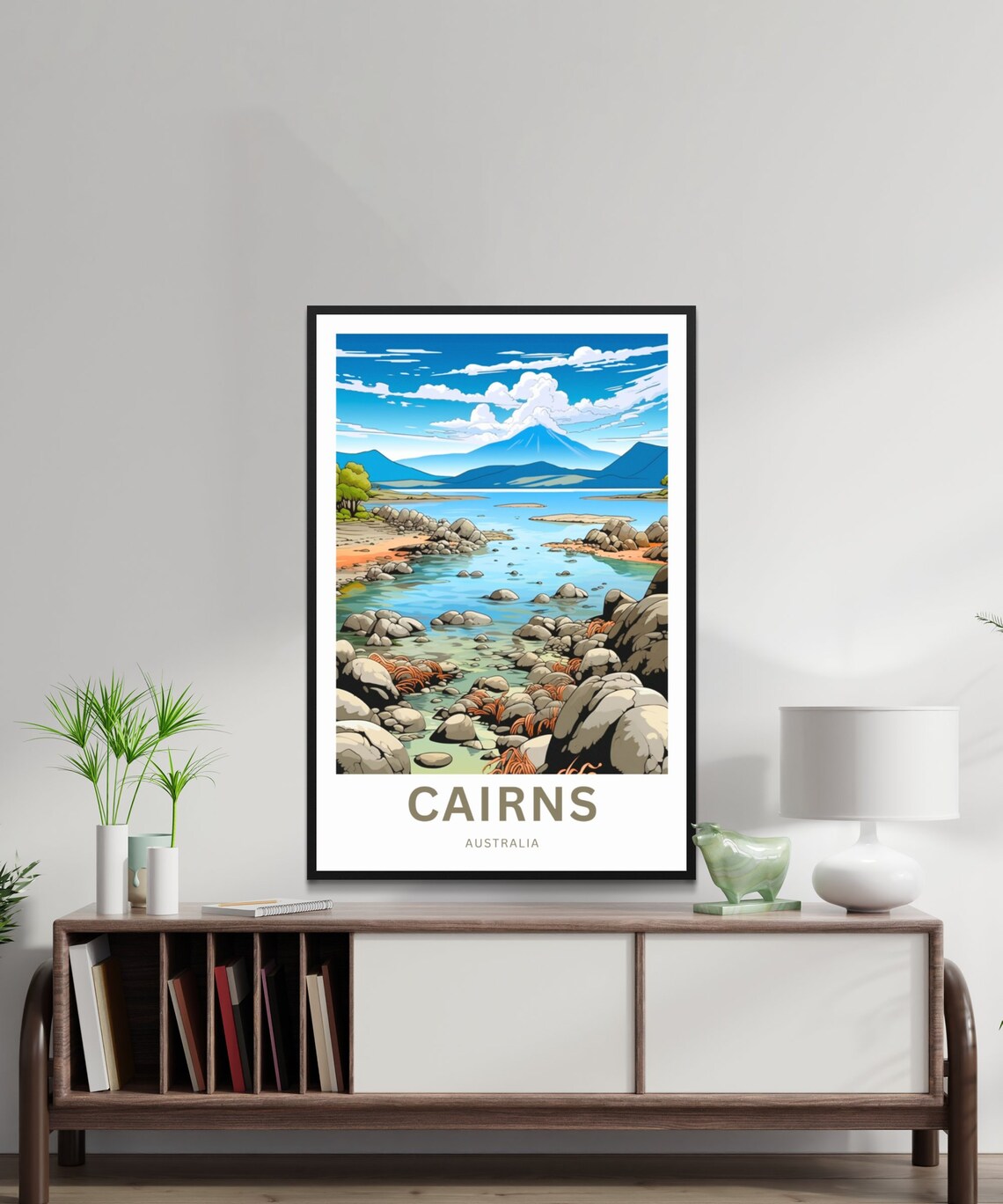 Cairns Australia Rocky Shoreline Blue Lagoon Mountain Travel Poster - Image 2