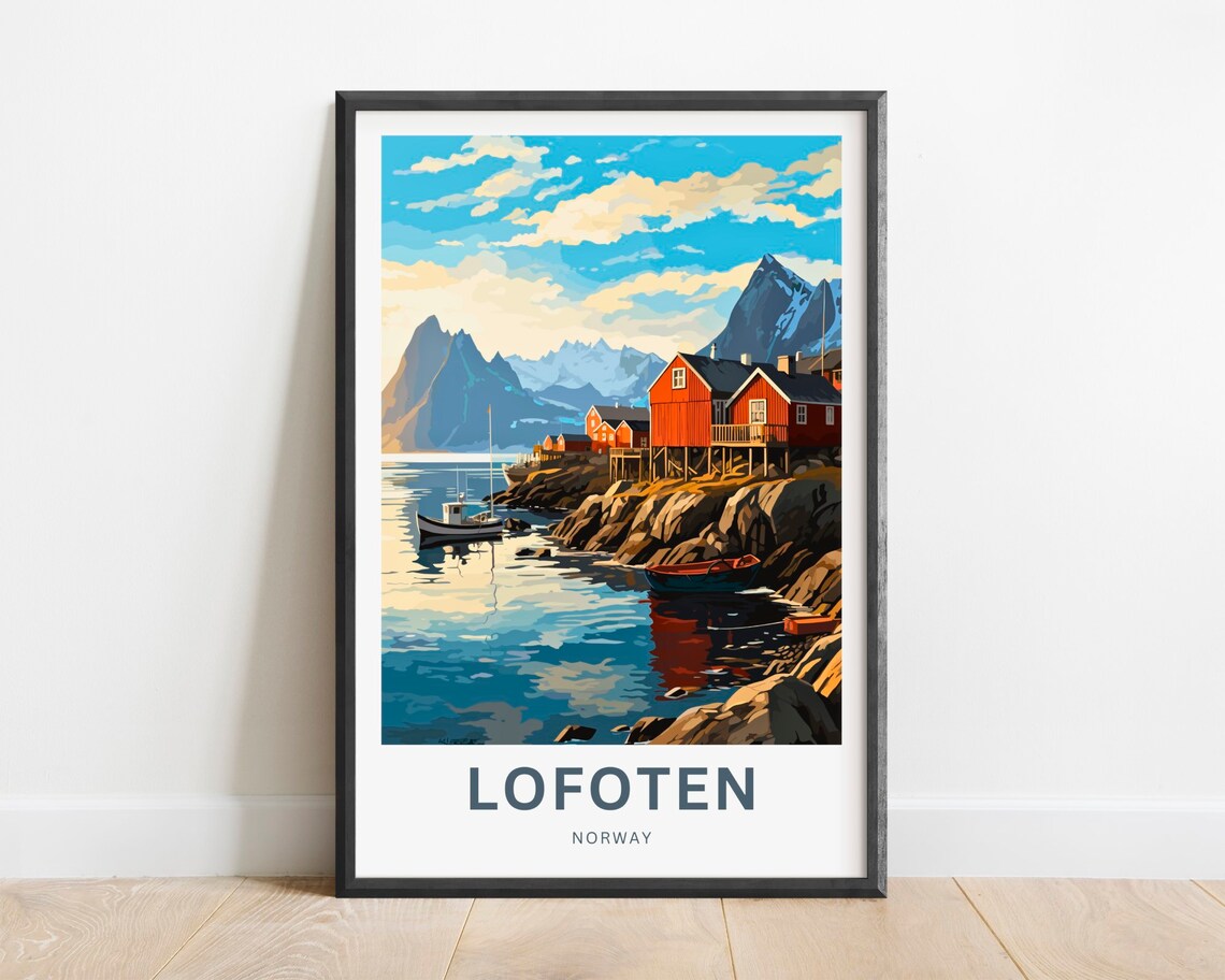 Lofoten Norway Red Stilt Houses Fishing Harbor Mountain View Poster