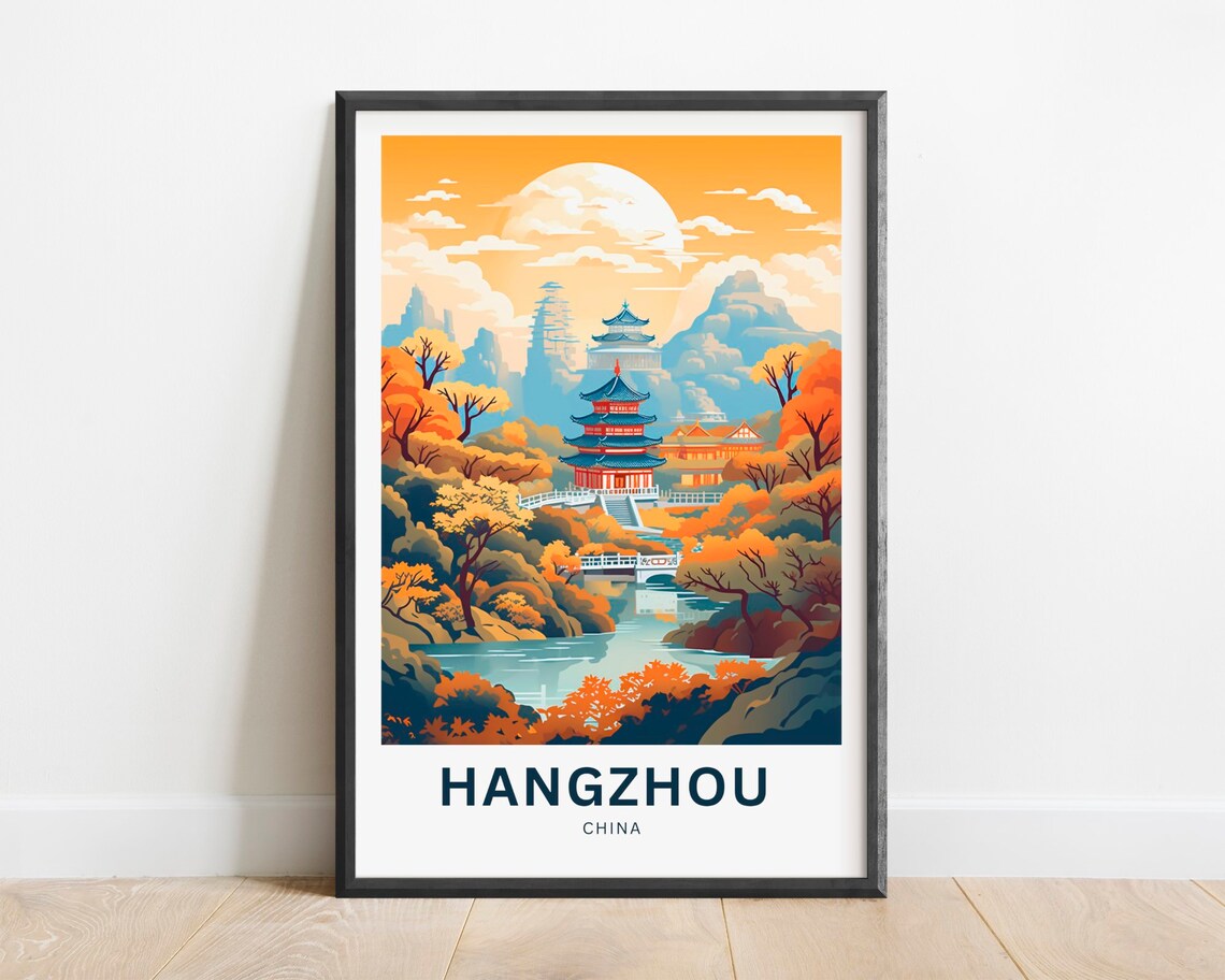Hangzhou China Travel Red Pagoda Autumn Full Moon Lake Art Print