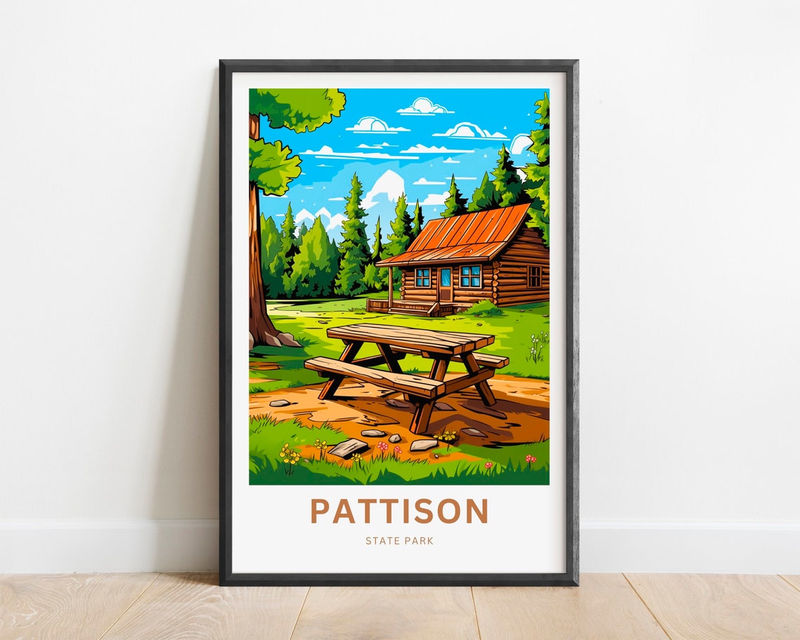 Pattison State Park Log Cabin Pine Meadow Picnic Travel Poster