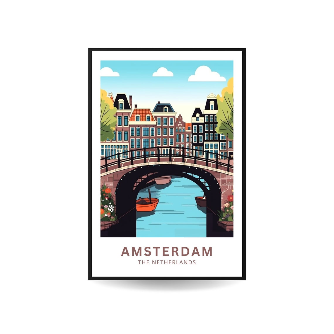 Amsterdam Canal Bridge Boats Gabled Houses Netherlands Travel Poster