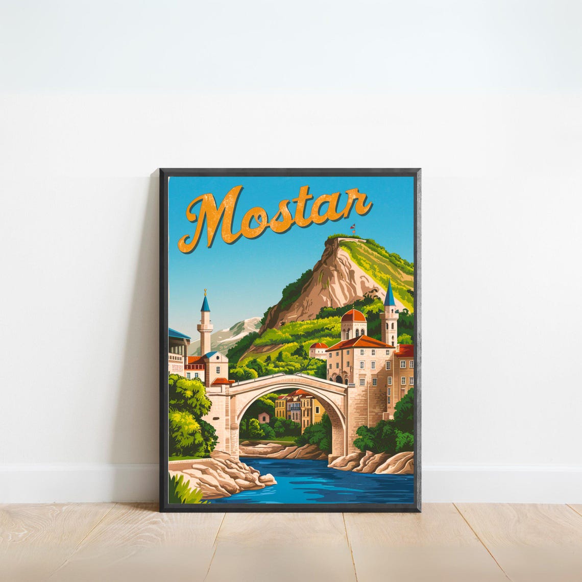 Mostar Bosnia Stone Bridge Mosque Riverside Vintage Art Travel Poster