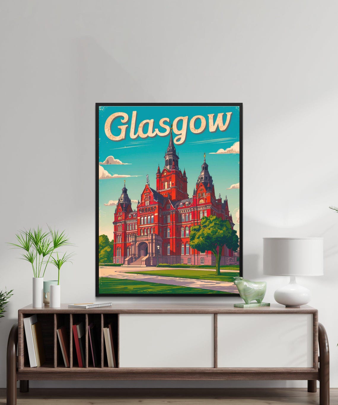 Glasgow Scotland Red Sandstone Landmark Vintage Script Travel Poster - Image 3