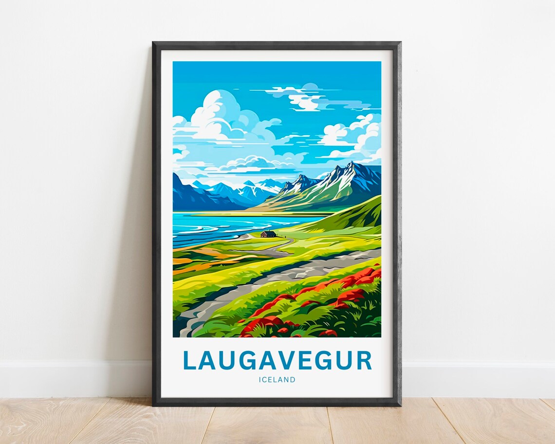 Laugavegur Iceland Trail Green Hills Coastal Cabin Travel Poster