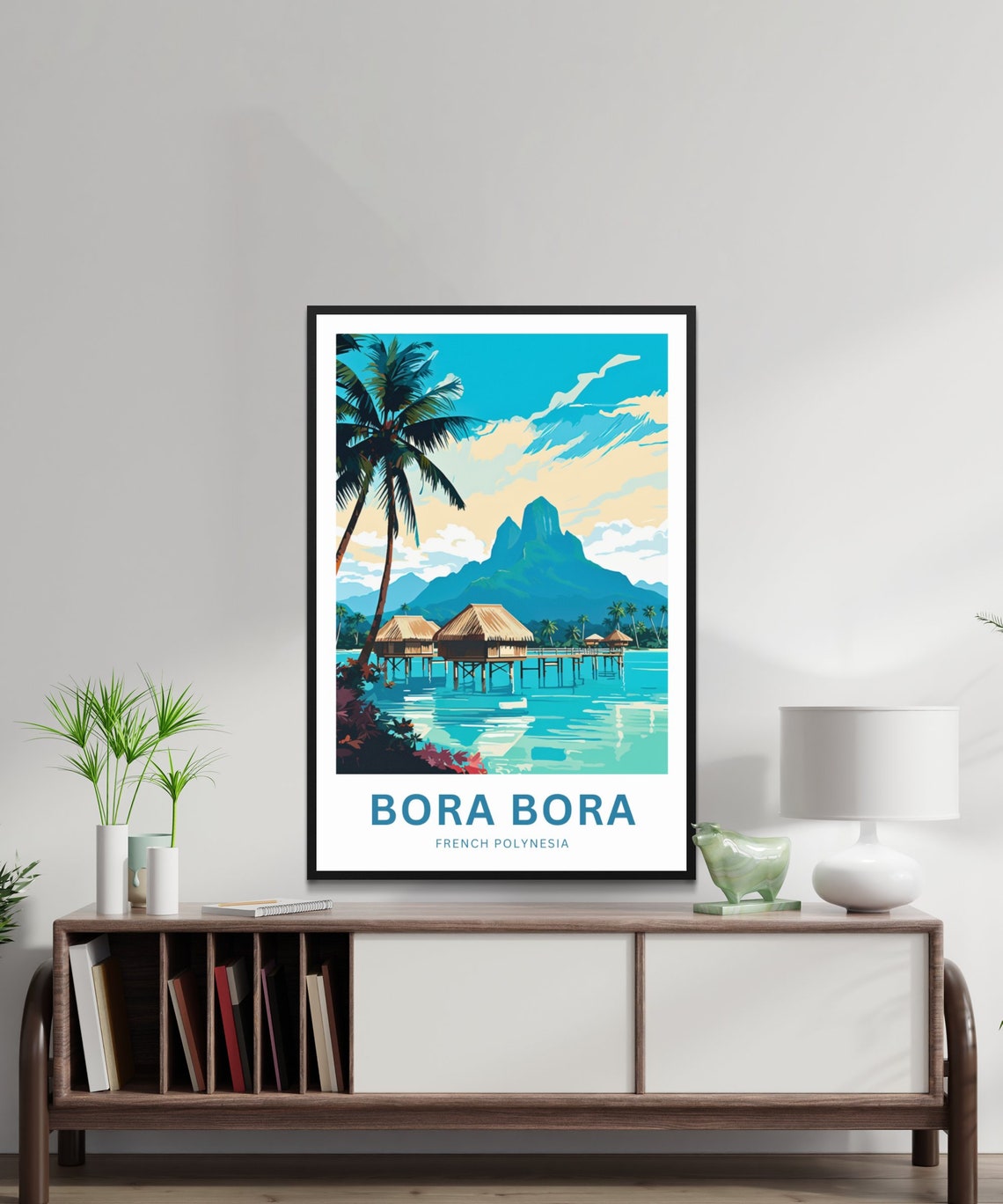 Personalized Bora Bora Custom Text Tropical Palm Overwater Hut Poster - Image 2