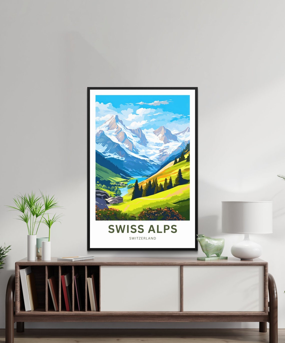 Swiss Alps Switzerland Snowy Peaks Valley Custom Text Travel Poster - Image 2