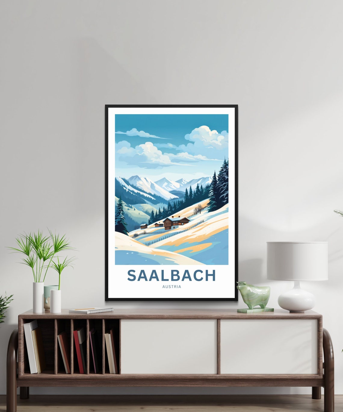 Personalized Saalbach Austria Snowy Pines Cabins Winter Poster - Image 2