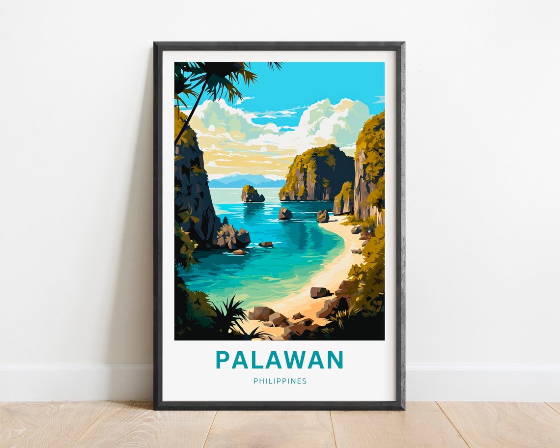 Palawan Philippines Travel Poster Hidden Lagoon Karst Cliffs Beach Art