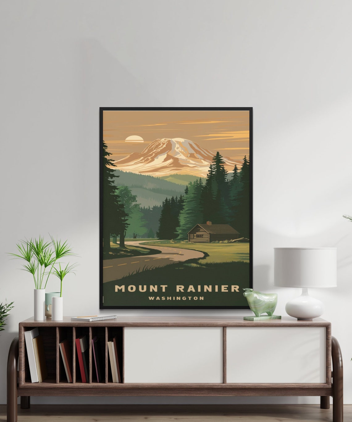 Mount Rainier Washington Retro Poster with Cabin Road and Setting Sun - Image 2