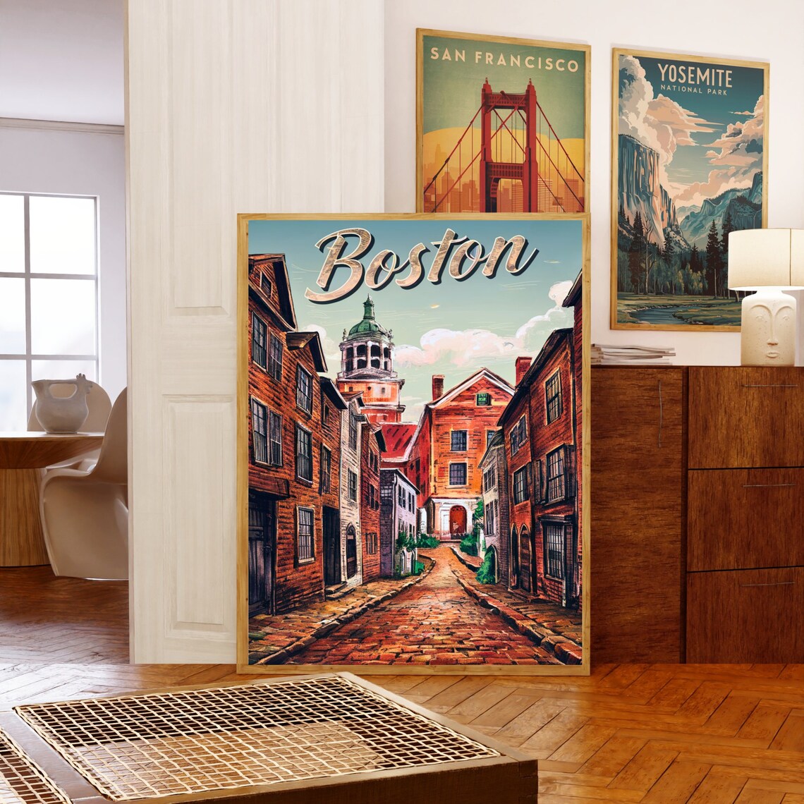 Boston Historic Old Town Cobblestone Street Vintage Travel Art Poster - Image 5