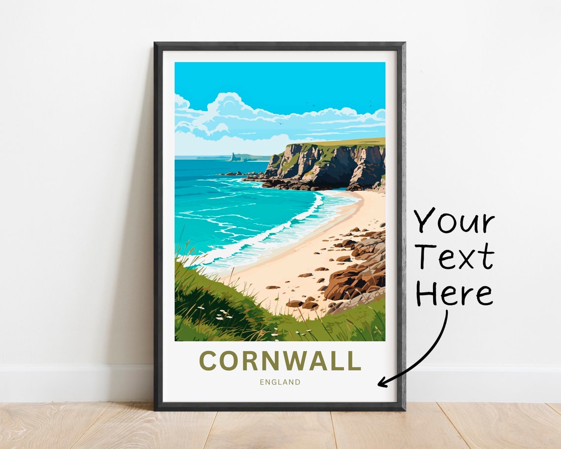 Personalized Cornwall England Sandy Beach Cliffs Travel Poster Gift