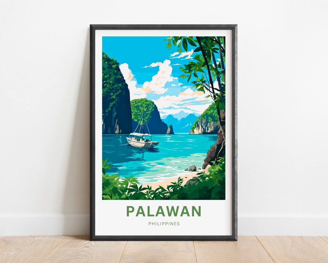 Palawan Philippines Tropical Lagoon Sailboat Scene Travel Poster
