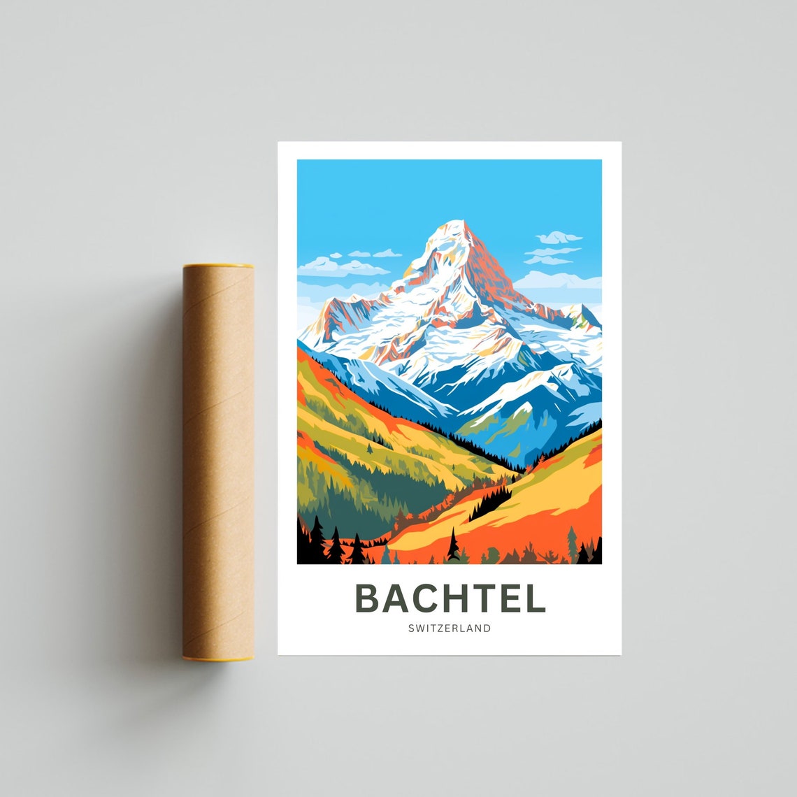 Bachtel Switzerland Snowy Alpine Peak Autumn Scene Travel Poster - Image 4