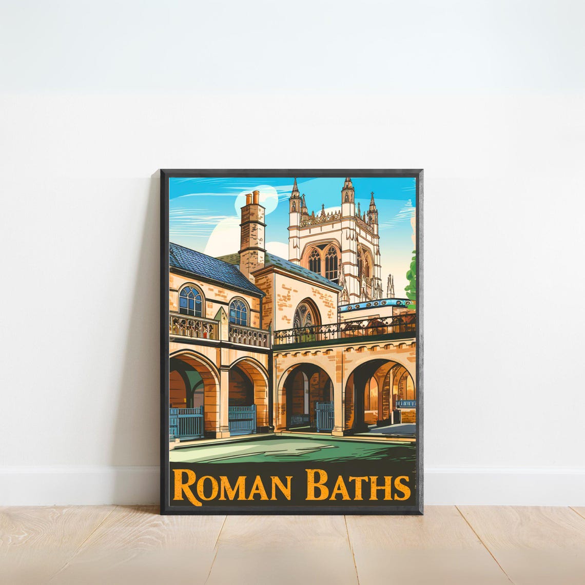 Roman Baths Bath England Abbey Courtyard Vintage Travel Poster