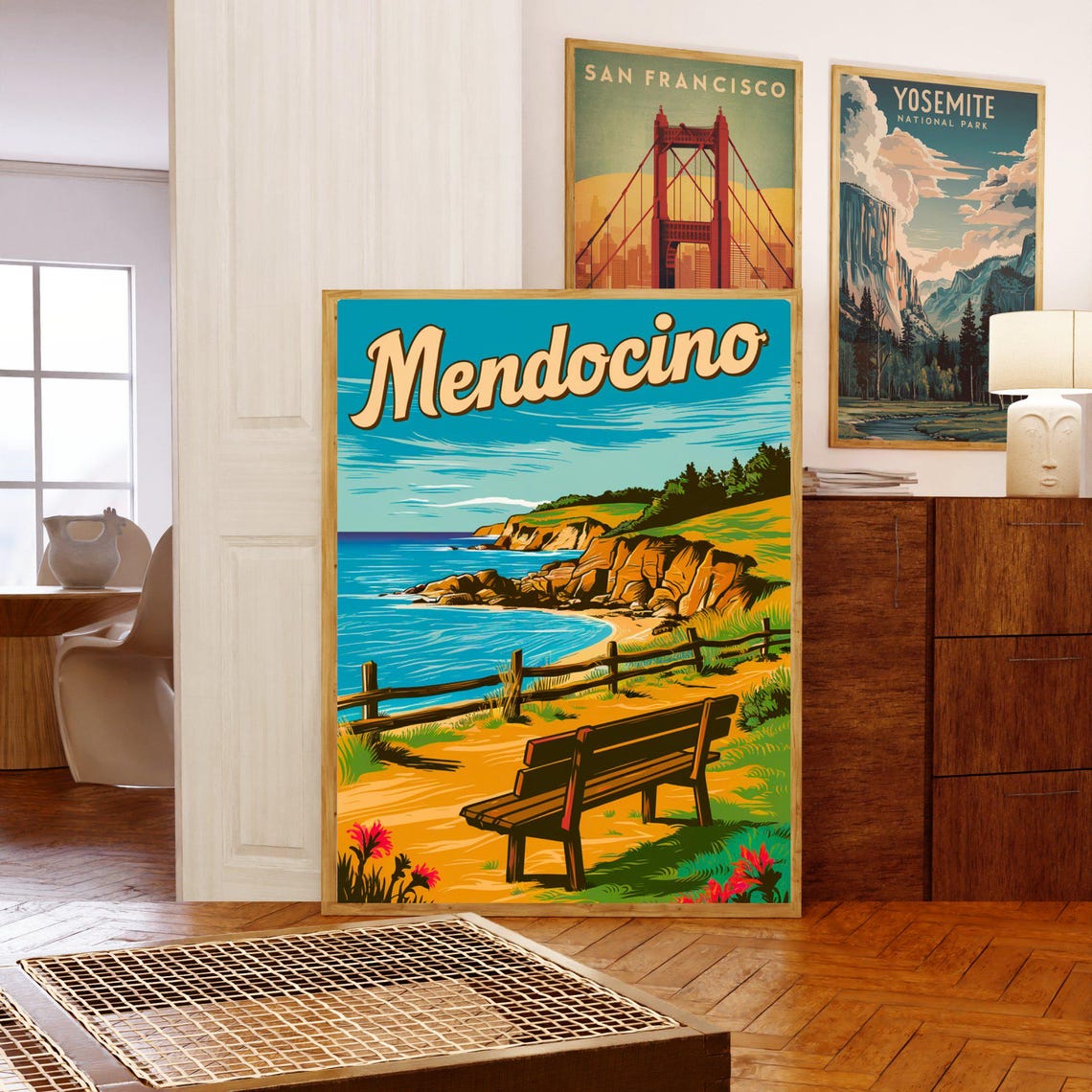 Mendocino Vintage Coastal Cliffs Ocean Bench View Travel Poster - Image 3