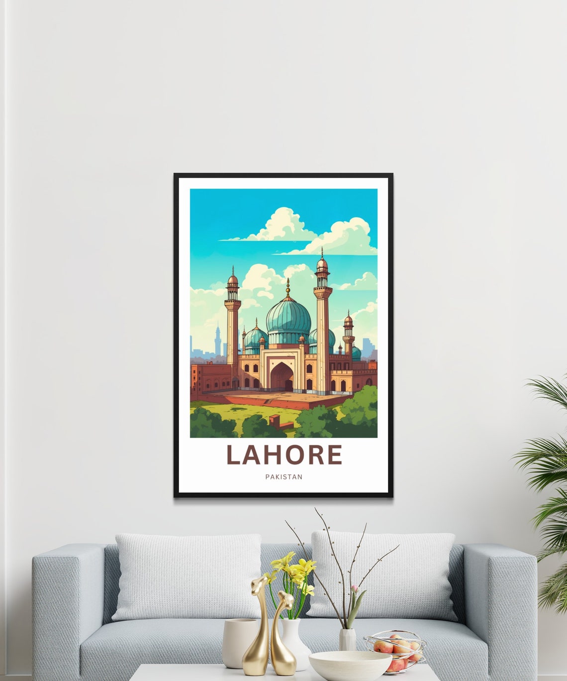 Lahore Pakistan Mosque Teal Domes Minarets City Skyline Travel Poster - Image 3