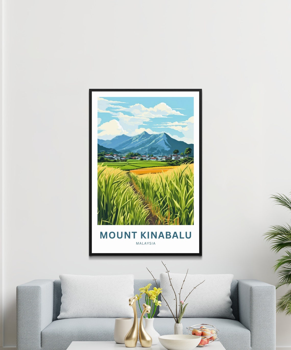 Mount Kinabalu Malaysia Blue Peaks Rice Fields Travel Poster - Image 3