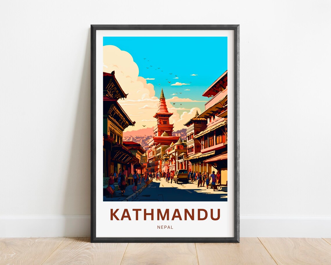 Kathmandu Nepal Old Town Temple Street Vintage Travel Poster
