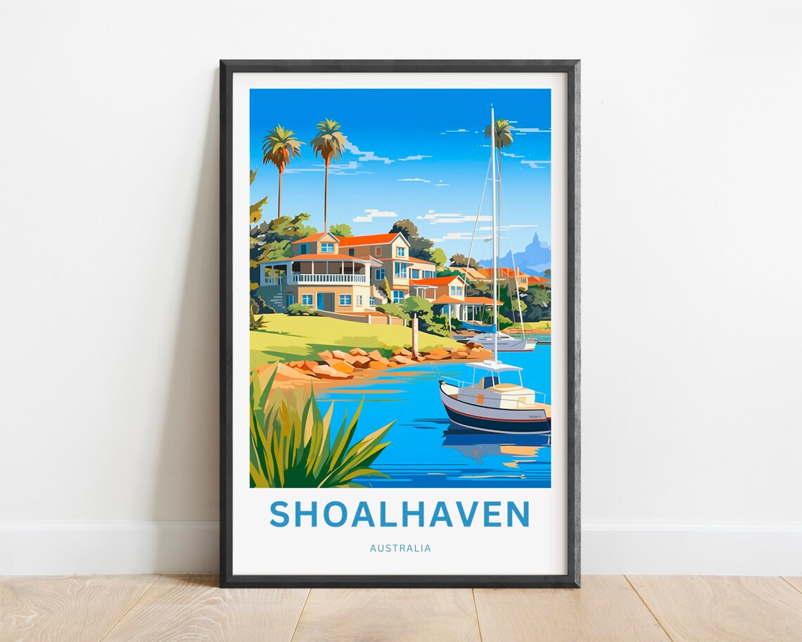 Shoalhaven Australia Harbor Boats Palm Trees Coastal Travel Poster Art