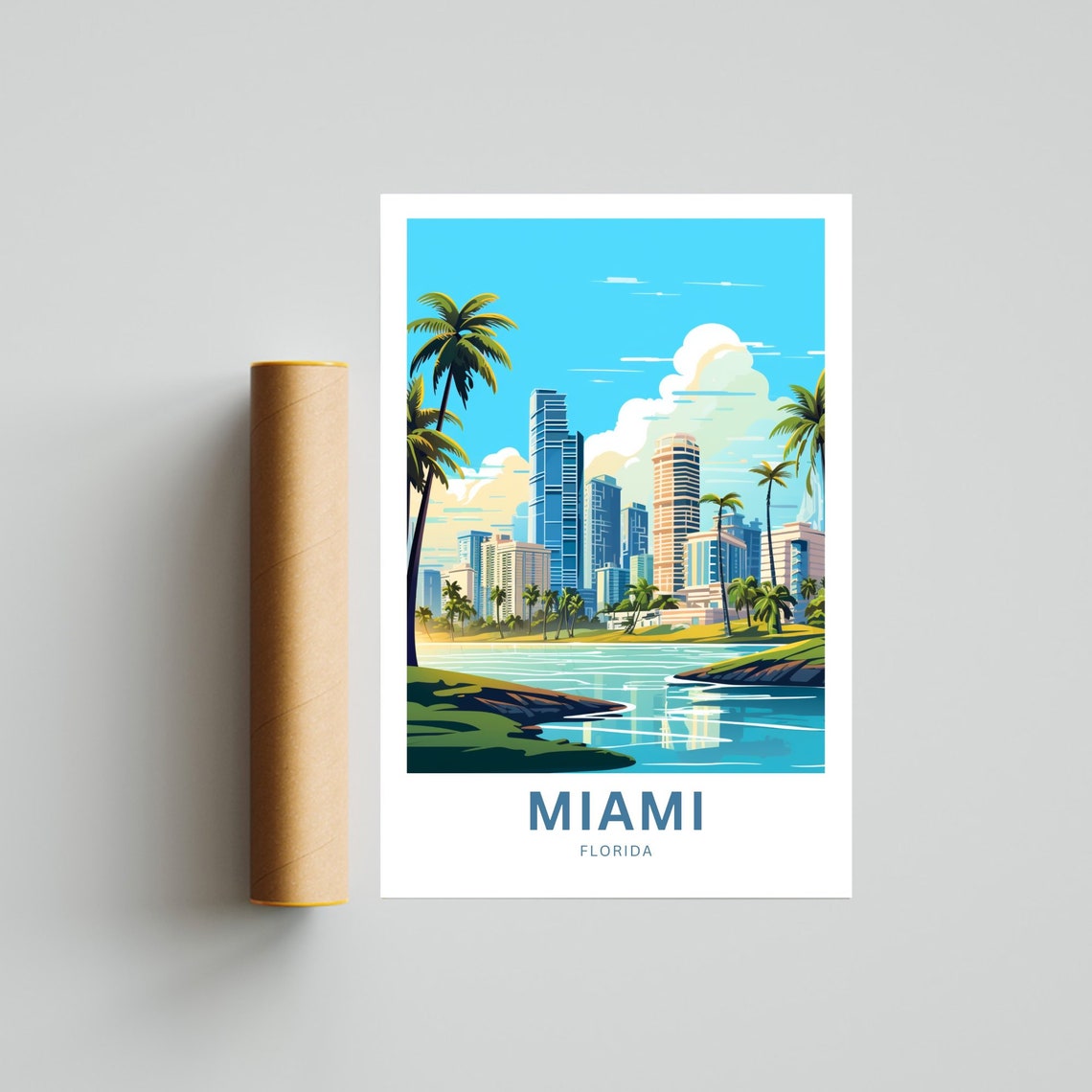 Miami Florida Skyline Palms Biscayne Bay Waterfront Travel Poster - Image 4