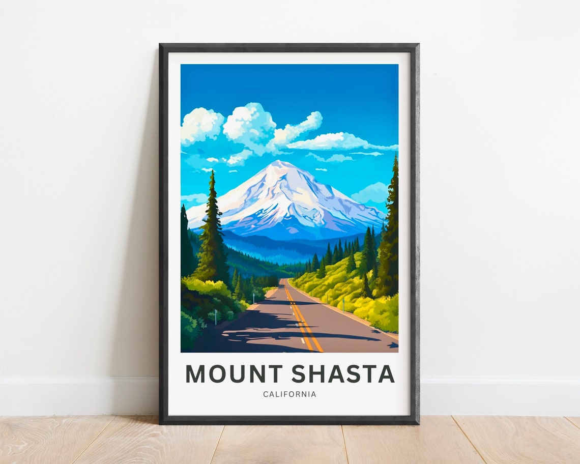 Mount Shasta California Snowy Volcano Road View Travel Poster
