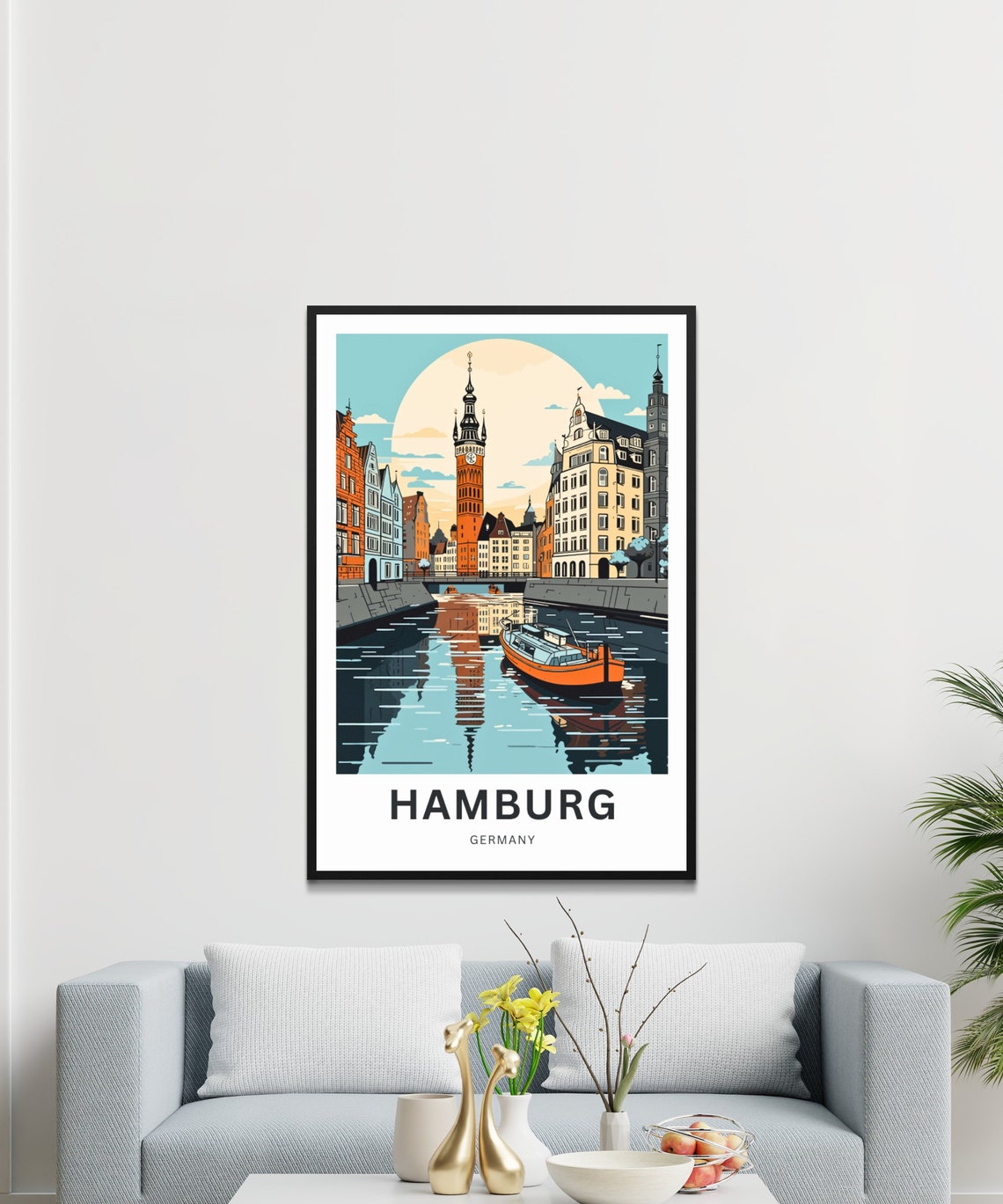Hamburg Germany Sophisticated Clock Tower Canal Views Poster - Image 2