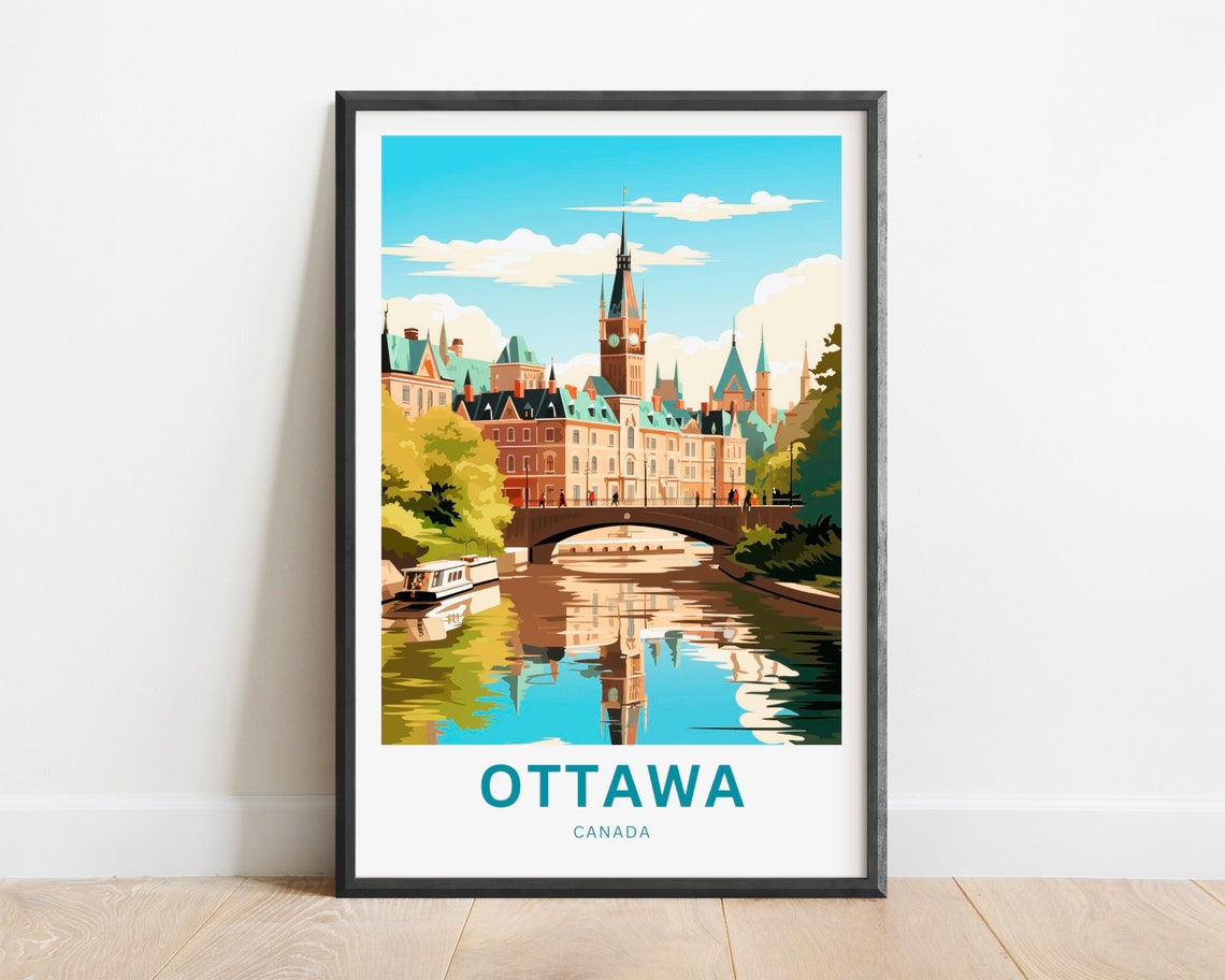 Ottawa Canada Parliament Vintage Travel Poster River Skyline View