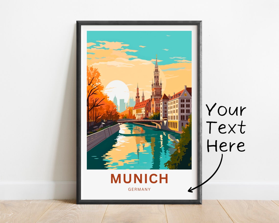 Munich Germany Autumn River Reflection Bridge Sunset Art Poster - Image 2