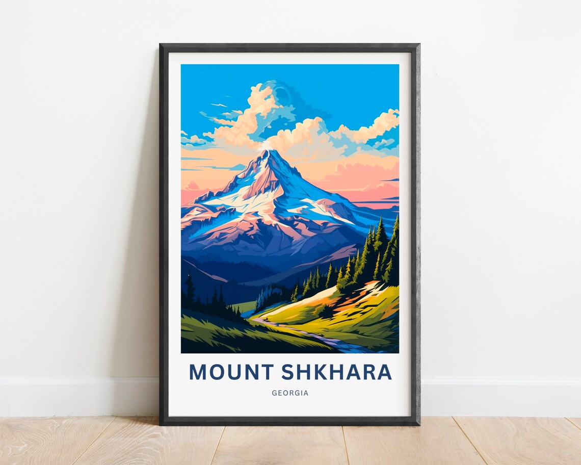 Mount Shkhara Georgia Pink Sunrise Glacier Peak Travel Poster