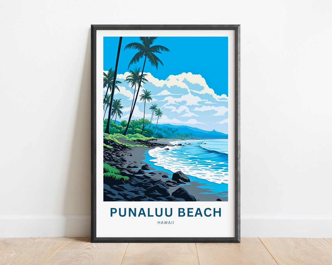 Punaluu Beach Hawaii Rocky Shoreline Palm Surf Travel Poster