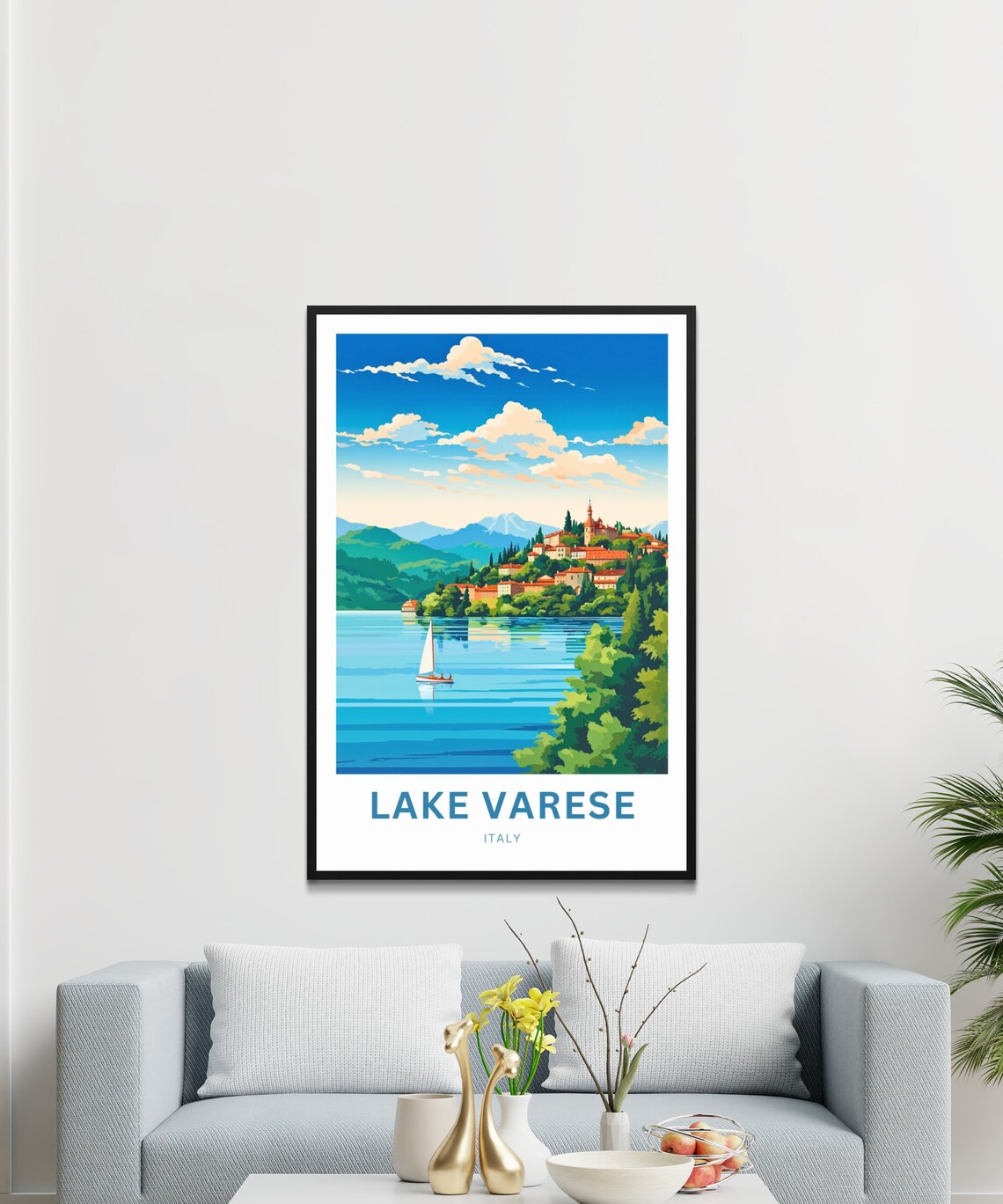 Lake Varese Italy Scenic Hillside Town Sailboat Travel Poster - Image 3