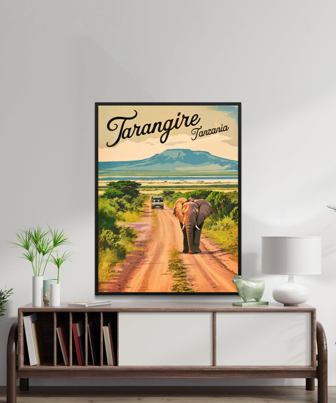 Tarangire Tanzania Safari Elephant Dirt Road Jeep Vintage Poster - Image 4