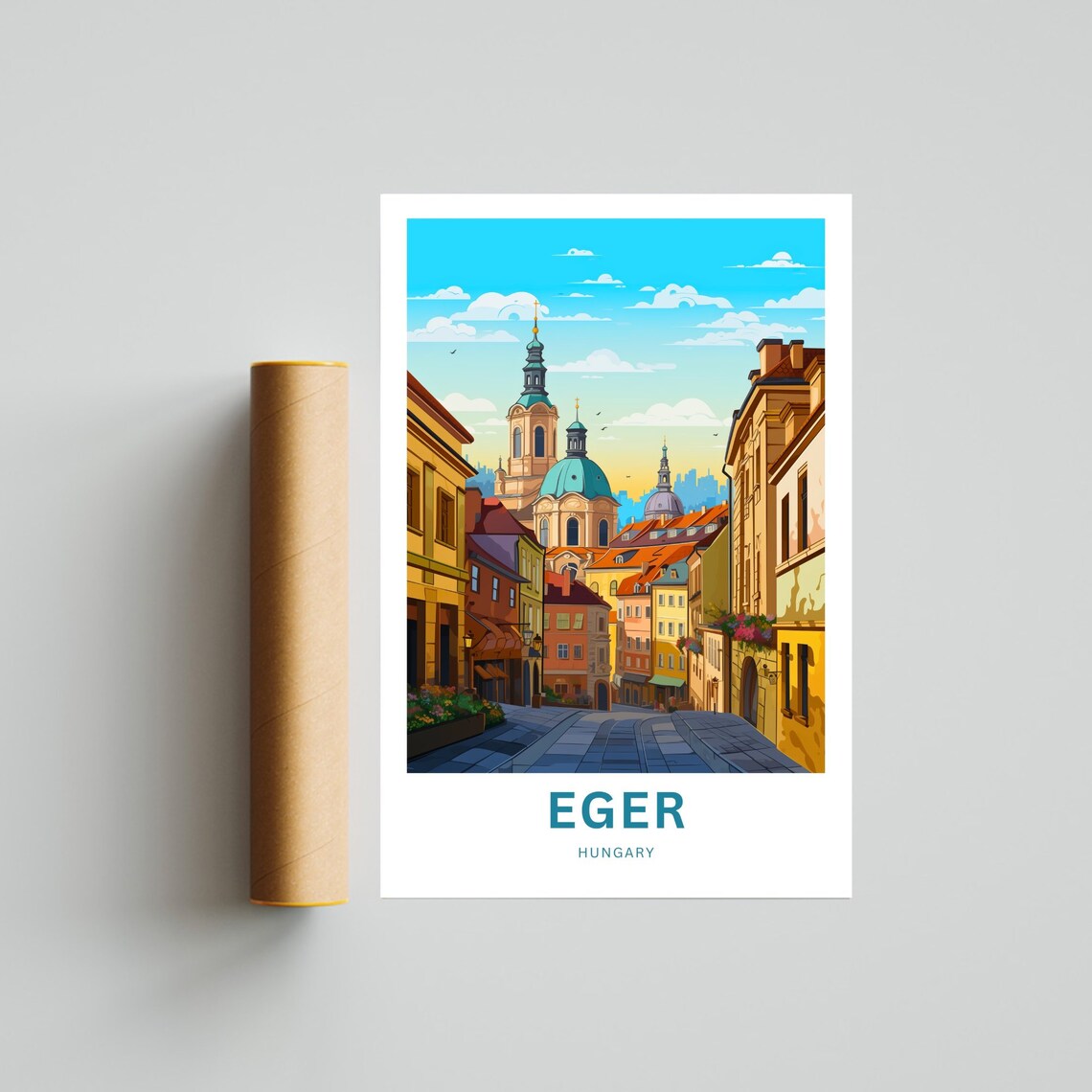 Eger Hungary Old Town Church Towers Cobblestone Street Travel Poster - Image 4