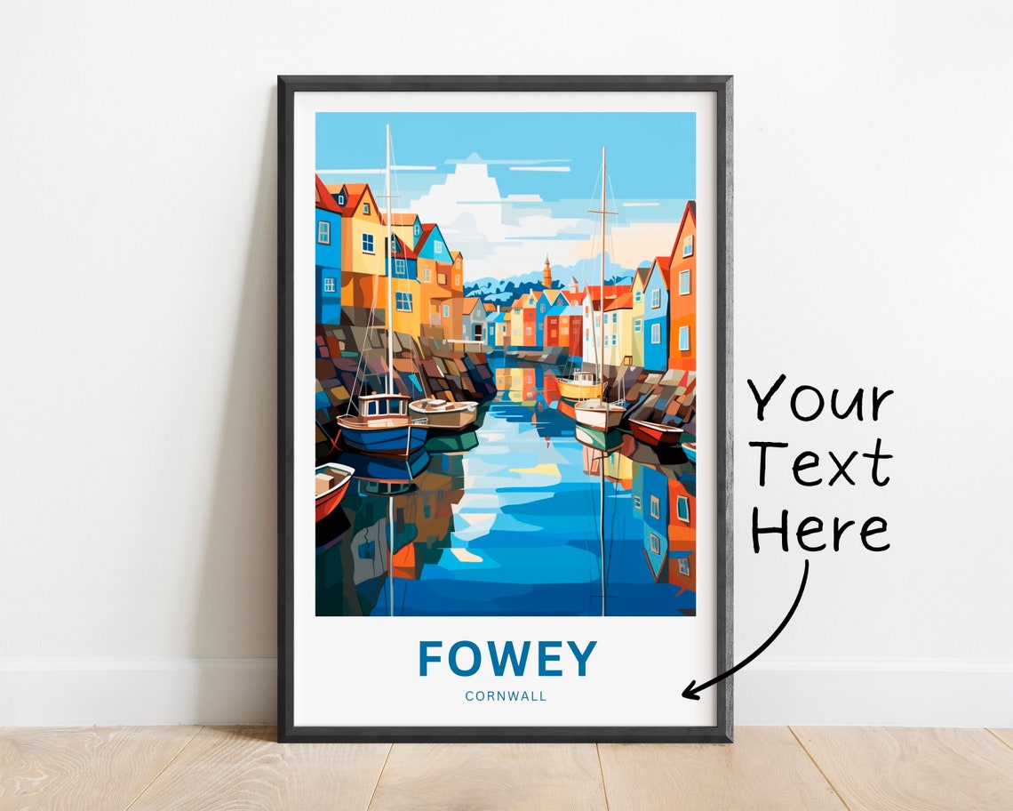 Fowey Cornwall Harbor Boats Waterfront Custom Vintage Travel Poster