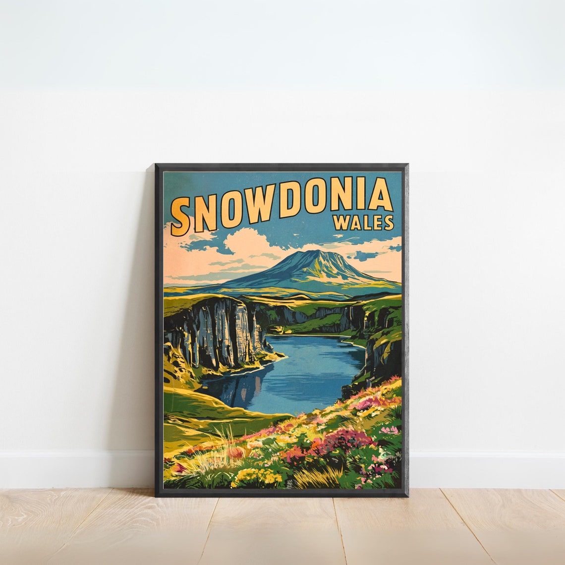 Snowdonia Wales Retro Mountain Lake Wildflower Meadow Poster