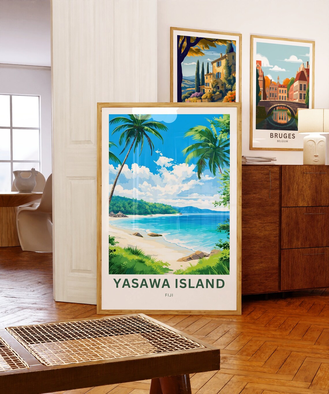 Yasawa Island Fiji Leaning Palms Tropical Surf Beach Scene Poster - Image 5