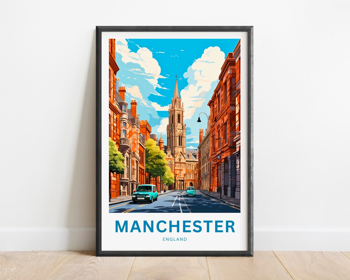 Manchester England City Street Church Red Brick Travel Poster