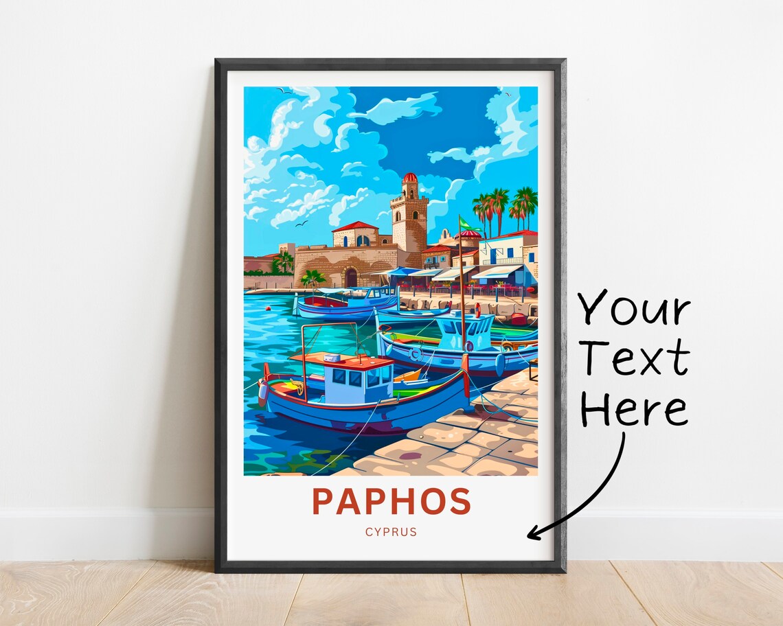 Paphos Cyprus Sunny Old Harbor Fishing Boats Travel Art Poster - Image 2