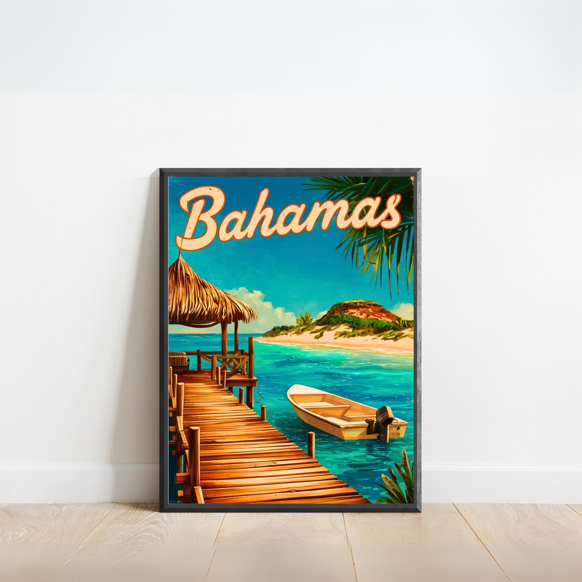 Bahamas Wooden Pier Island Beach Vintage Travel Style Poster