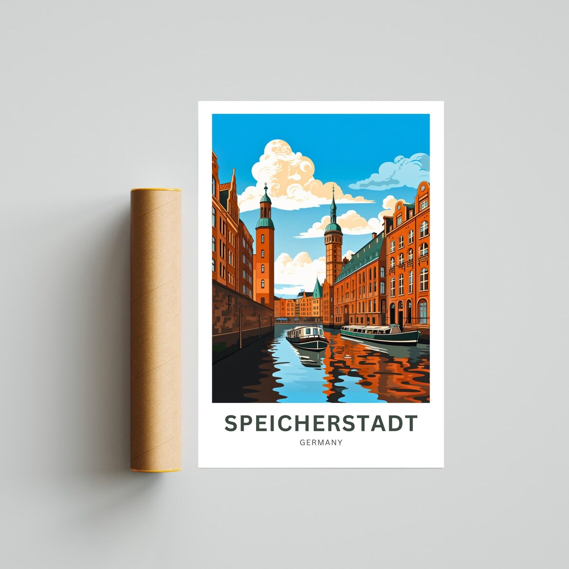 Speicherstadt Germany Canal Boats Red Brick Quayside Travel Poster - Image 4