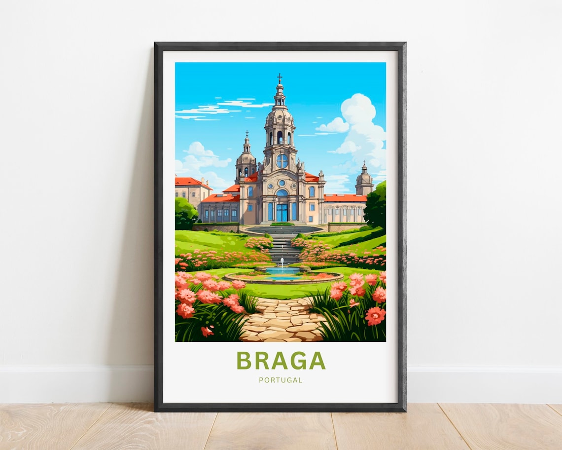 Braga Portugal Grand Sanctuary Garden Pink Flowers Travel Poster
