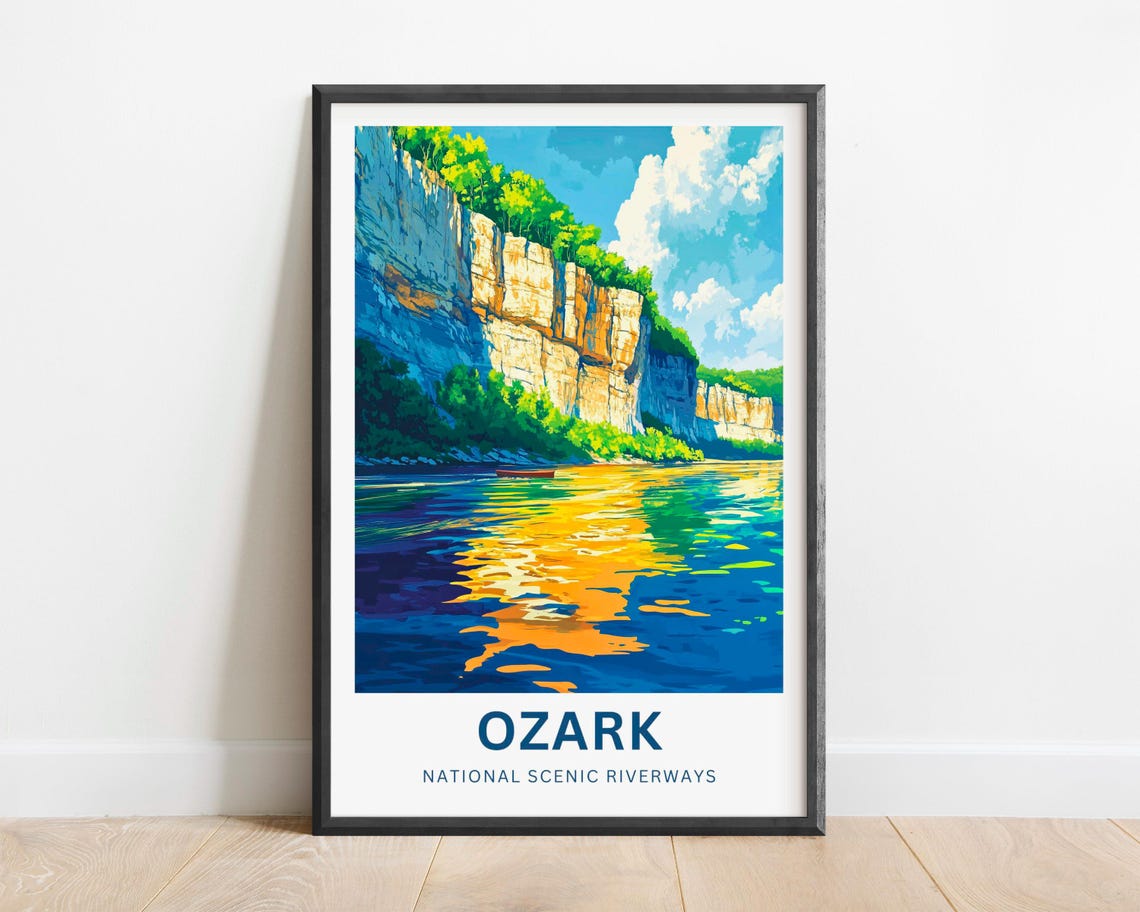 Ozark National Scenic Riverways Poster with Cliff Reflections and Boat