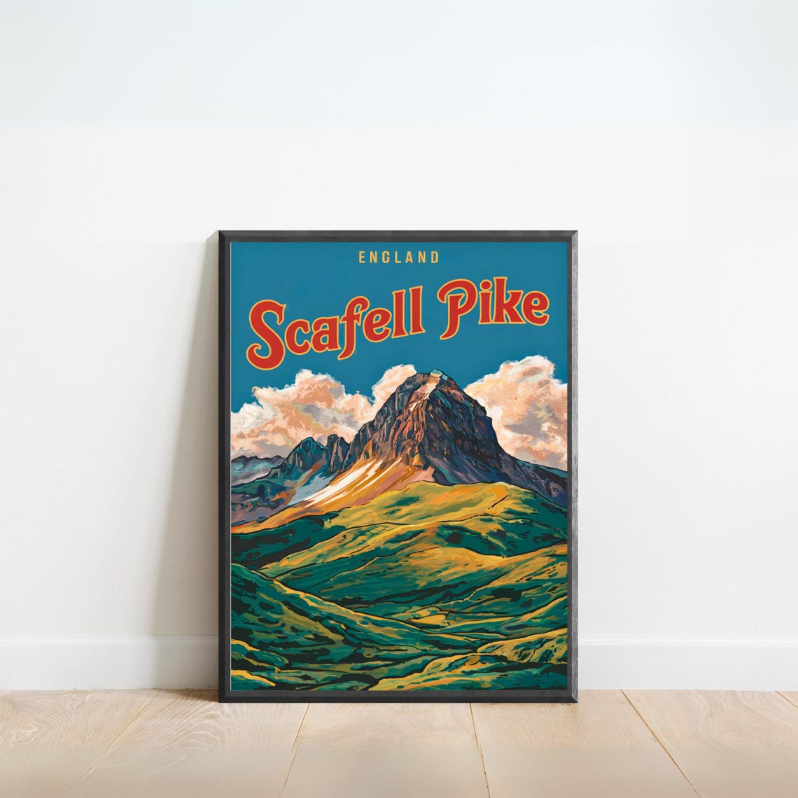 Scafell Pike England Mountain Peak Clouds Vintage Travel Poster