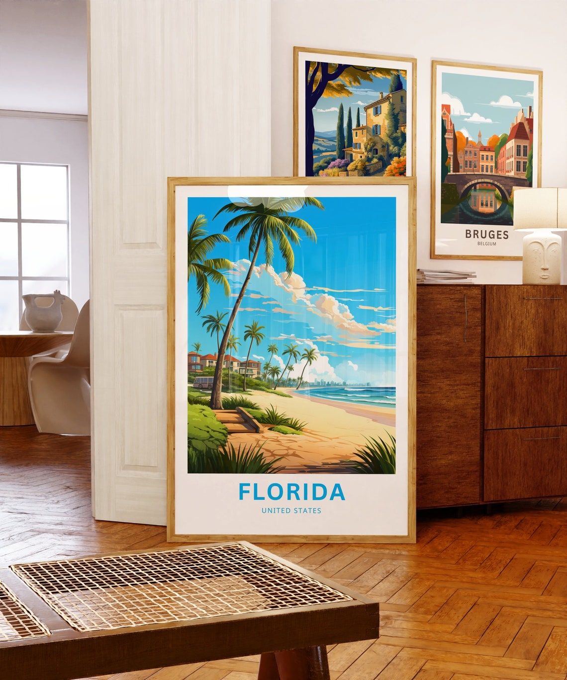 Florida Beach Travel Poster Palm Lined Shore Resort Skyline Art - Image 5