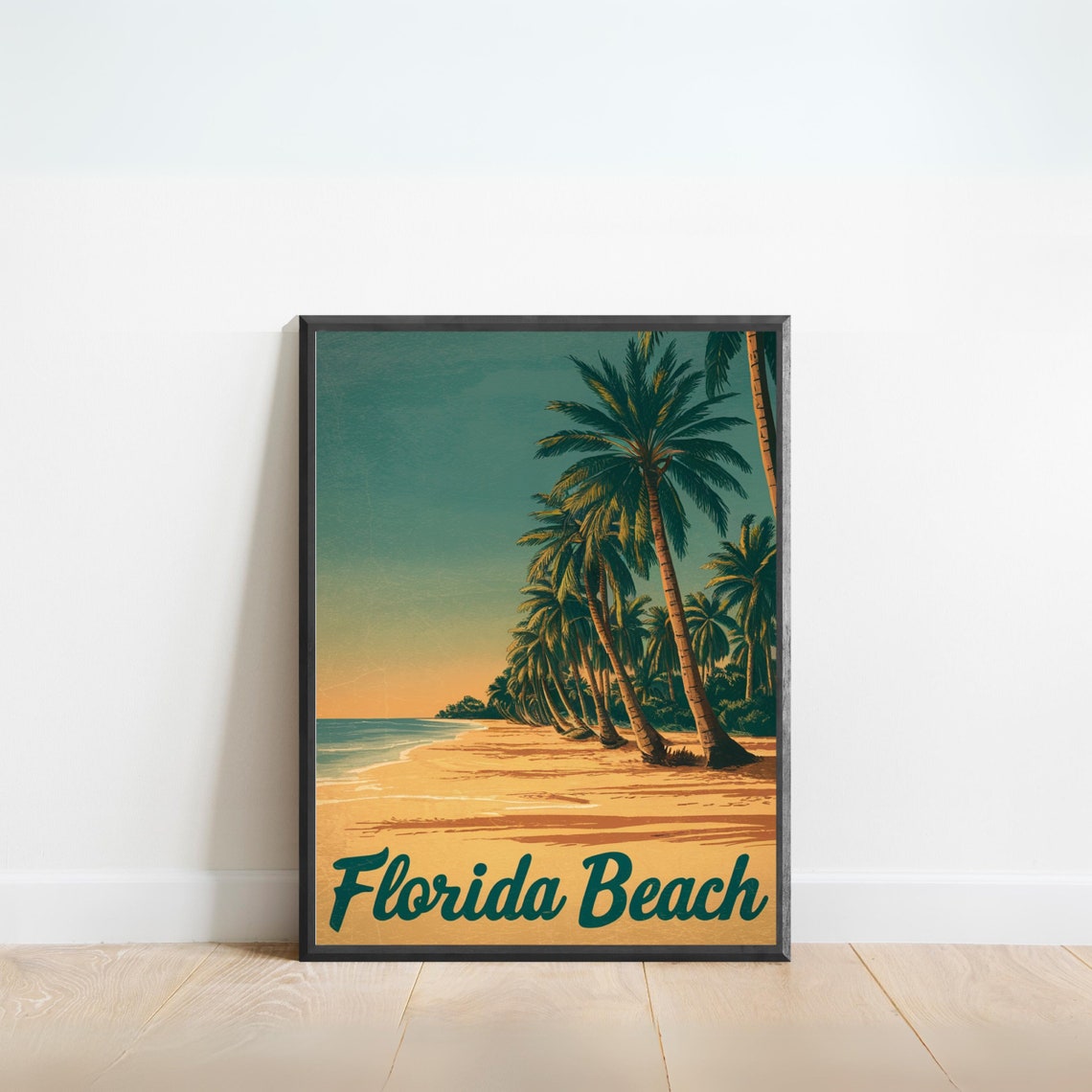 Florida Beach Palm Trees Golden Hour Vintage Retro Travel Poster