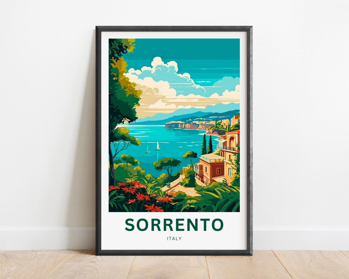 Sorrento Italy Harbor View Blooming Terrace Retro Style Poster