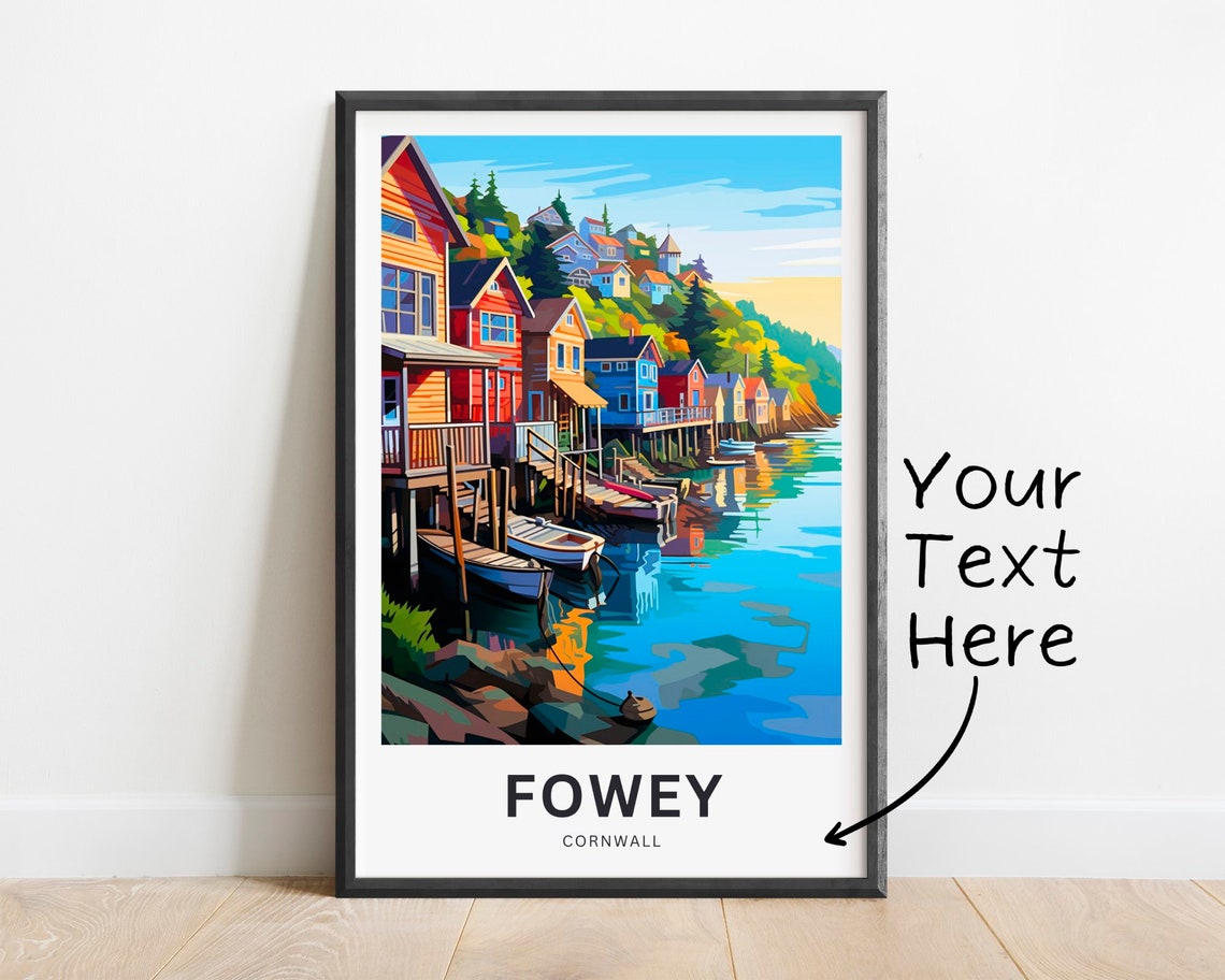 Fowey Cornwall Harbour Village Custom Text Retro Travel Poster
