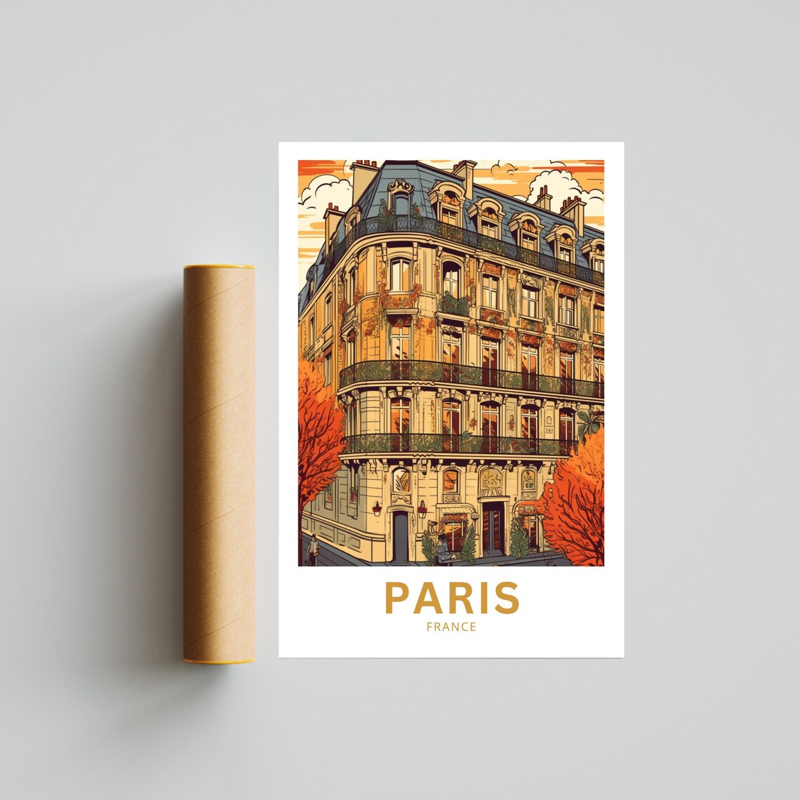 Paris Haussmann Building Autumn Street France Vintage Travel Poster - Image 4