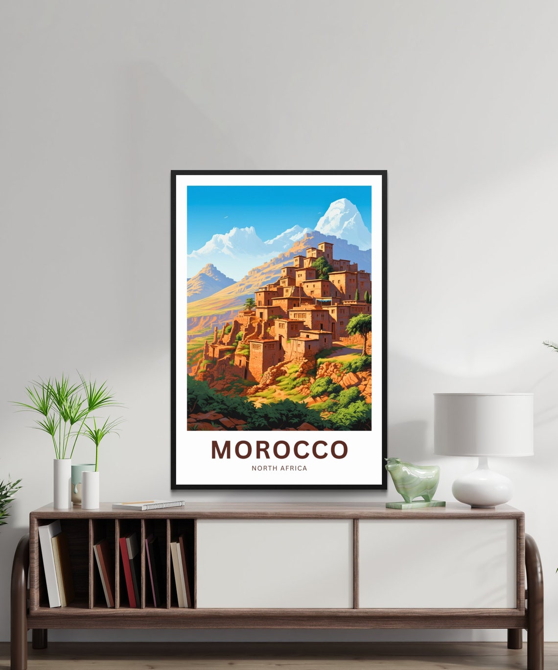 Morocco Kasbah Village Red Hills Snow Mountain Atlas View Poster - Image 2